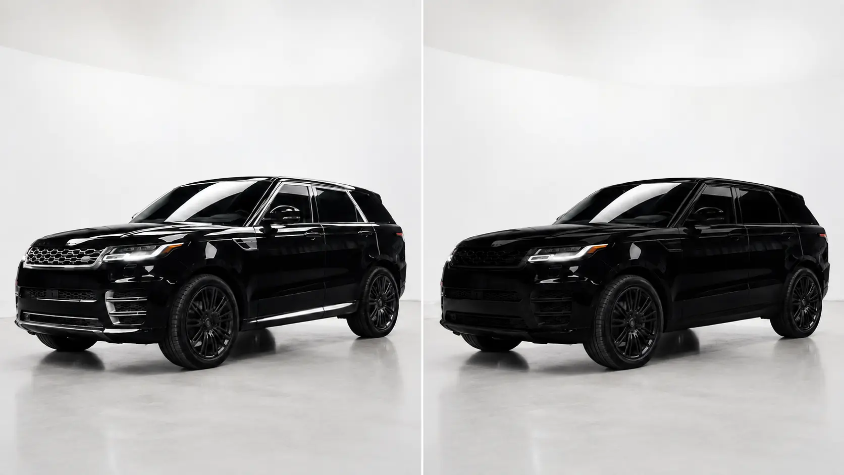 Illustrative before-and-after comparison of a black luxury SUV with factory bright trim and a satin-black chrome delete